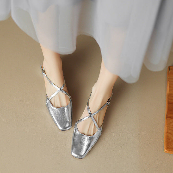 Women's Round Toe Cross-Strap Low Block Heel Flats