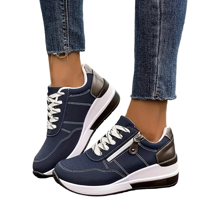 Women's Round-Toe Lace-Up Sneakers with Side Zip Pocket and Metallic Heel Tab