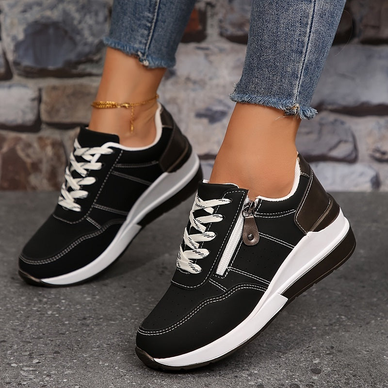 Women's Round-Toe Lace-Up Sneakers with Side Zip Pocket and Metallic Heel Tab