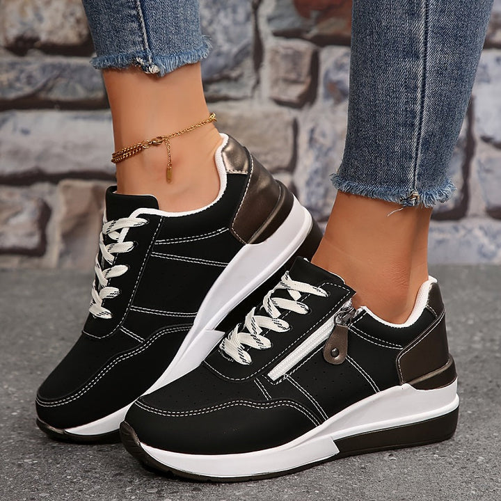 Women's Round-Toe Lace-Up Sneakers with Side Zip Pocket and Metallic Heel Tab