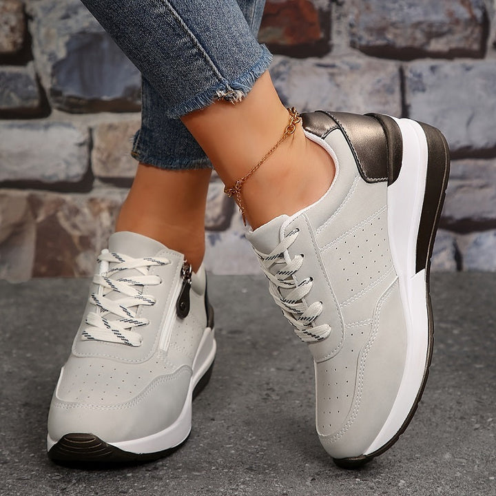 Women's Round-Toe Lace-Up Sneakers with Side Zip Pocket and Metallic Heel Tab