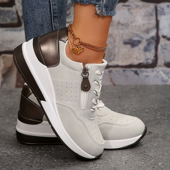 Women's Round-Toe Lace-Up Sneakers with Side Zip Pocket and Metallic Heel Tab