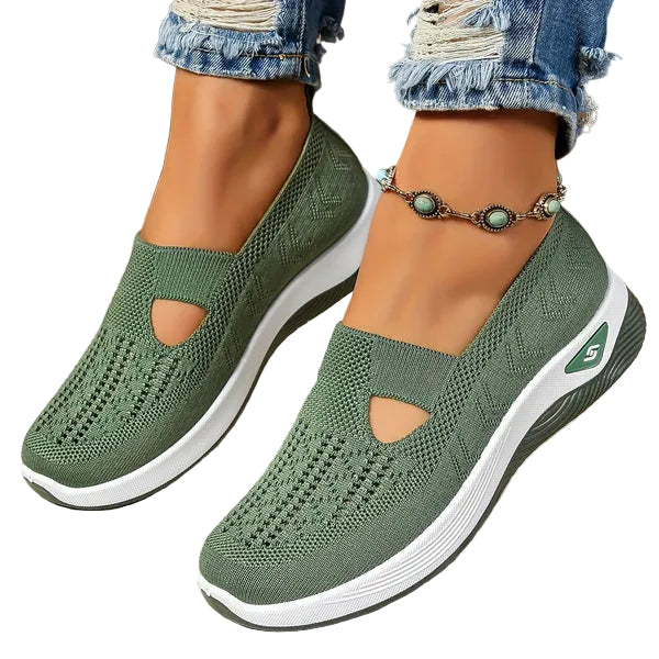 Women's Round-Toe Slip-On Knit Mesh Sneakers with Cutout Vamp Detail