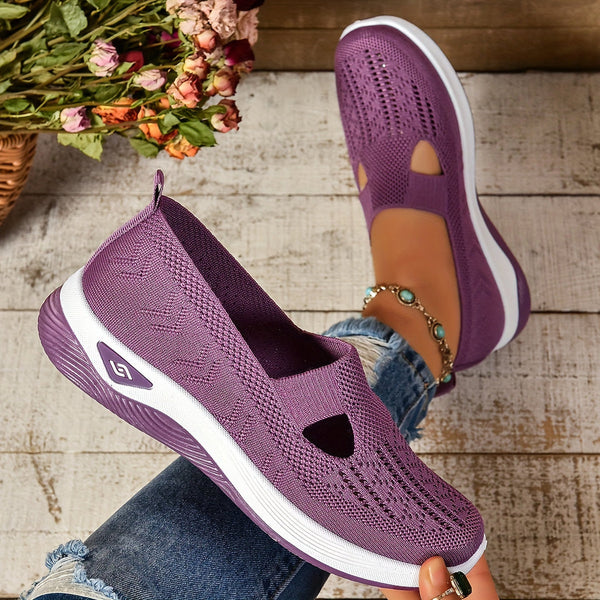 Women's Round-Toe Slip-On Knit Mesh Sneakers with Cutout Vamp Detail