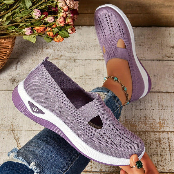 Women's Round-Toe Slip-On Knit Mesh Sneakers with Cutout Vamp Detail