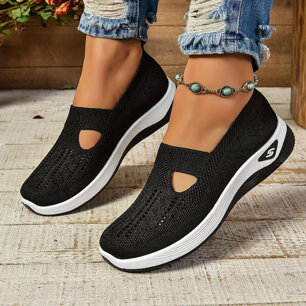 Women's Round-Toe Slip-On Knit Mesh Sneakers with Cutout Vamp Detail