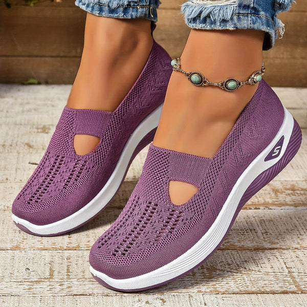 Women's Round-Toe Slip-On Knit Mesh Sneakers with Cutout Vamp Detail