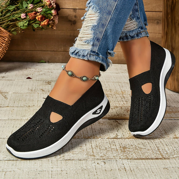 Women's Round-Toe Slip-On Knit Mesh Sneakers with Cutout Vamp Detail