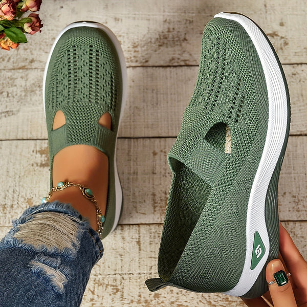 Women's Round-Toe Slip-On Knit Mesh Sneakers with Cutout Vamp Detail