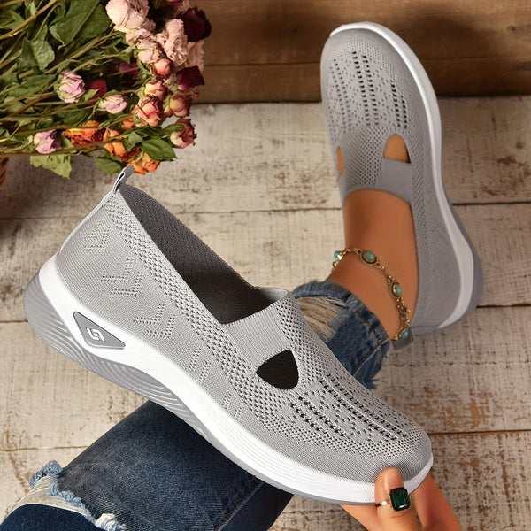 Women's Round-Toe Slip-On Knit Mesh Sneakers with Cutout Vamp Detail