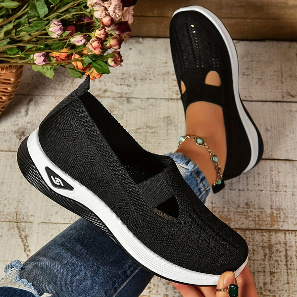 Women's Round-Toe Slip-On Knit Mesh Sneakers with Cutout Vamp Detail