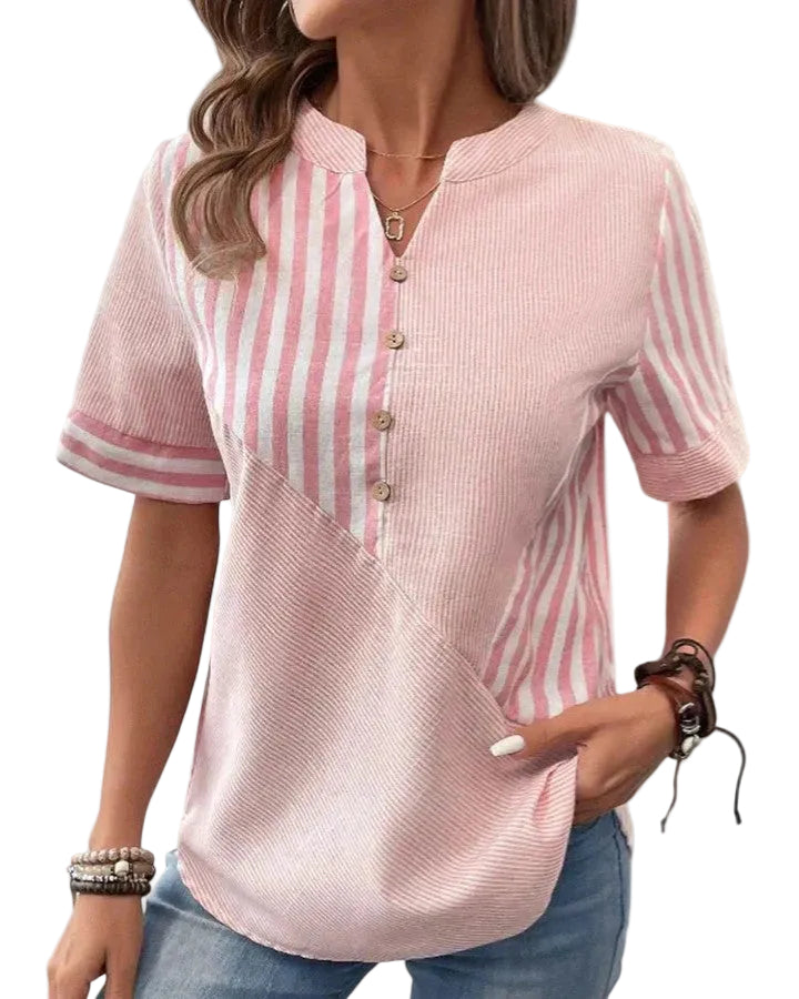 Women’s Short Sleeve Button Blouse with Split Neck