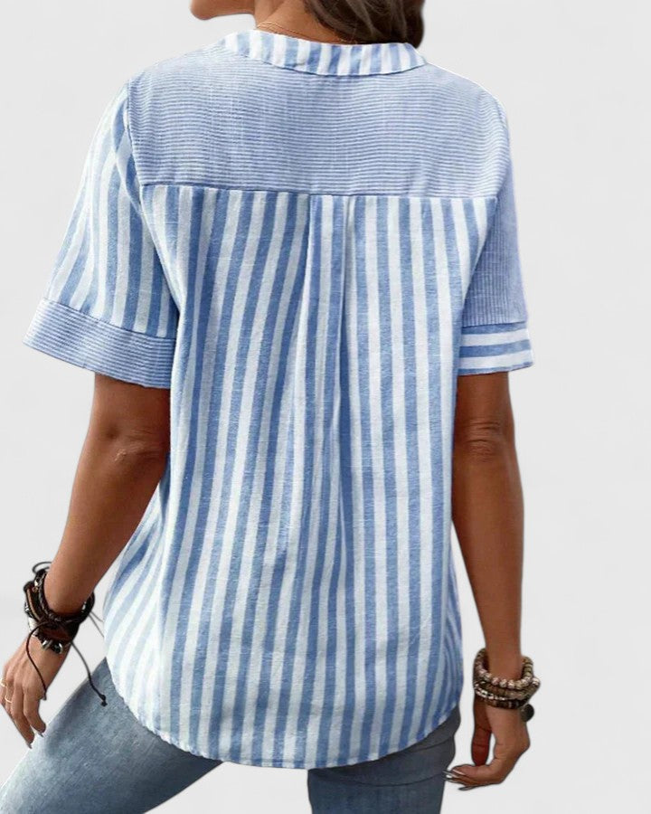 Women’s Short Sleeve Button Blouse with Split Neck