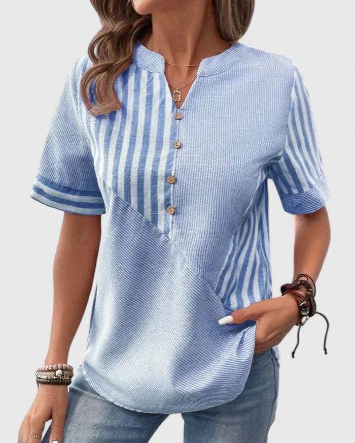 Women’s Short Sleeve Button Blouse with Split Neck