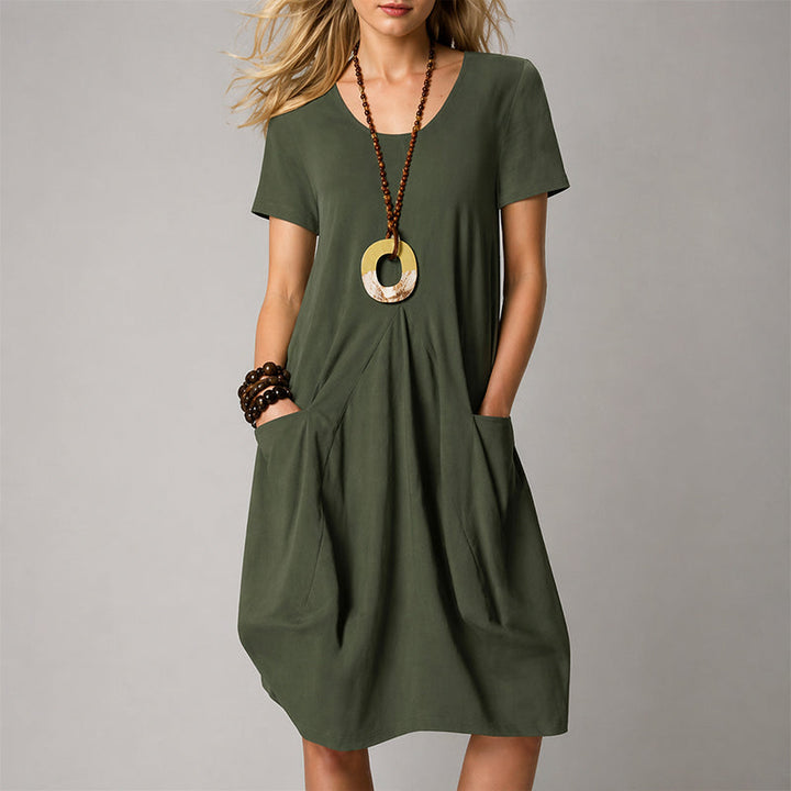 Women's Short Sleeve Front Pleat Midi Dress