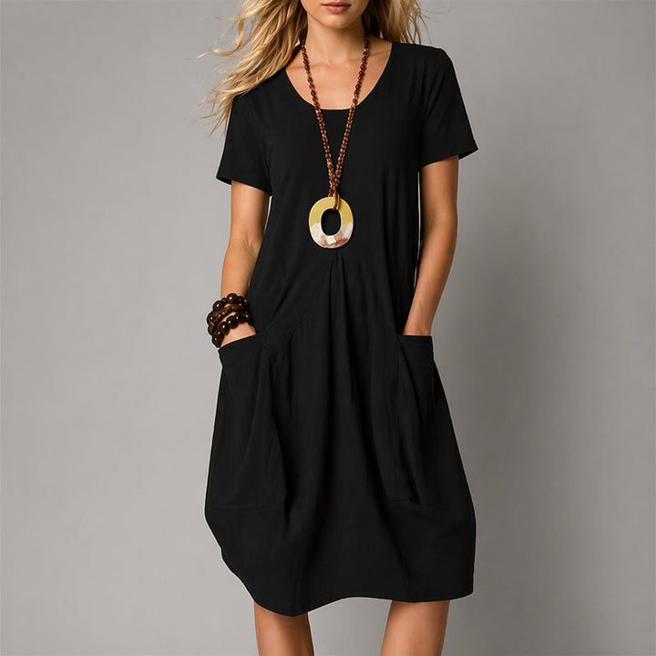 Women's Short Sleeve Front Pleat Midi Dress