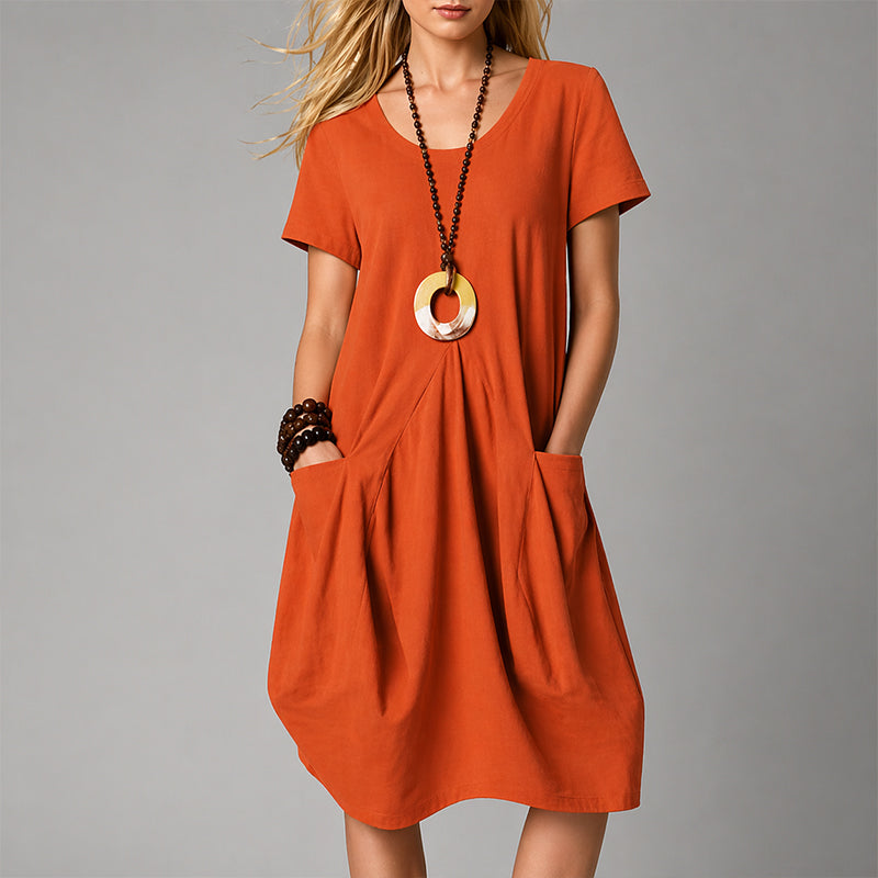 Women's Short Sleeve Front Pleat Midi Dress