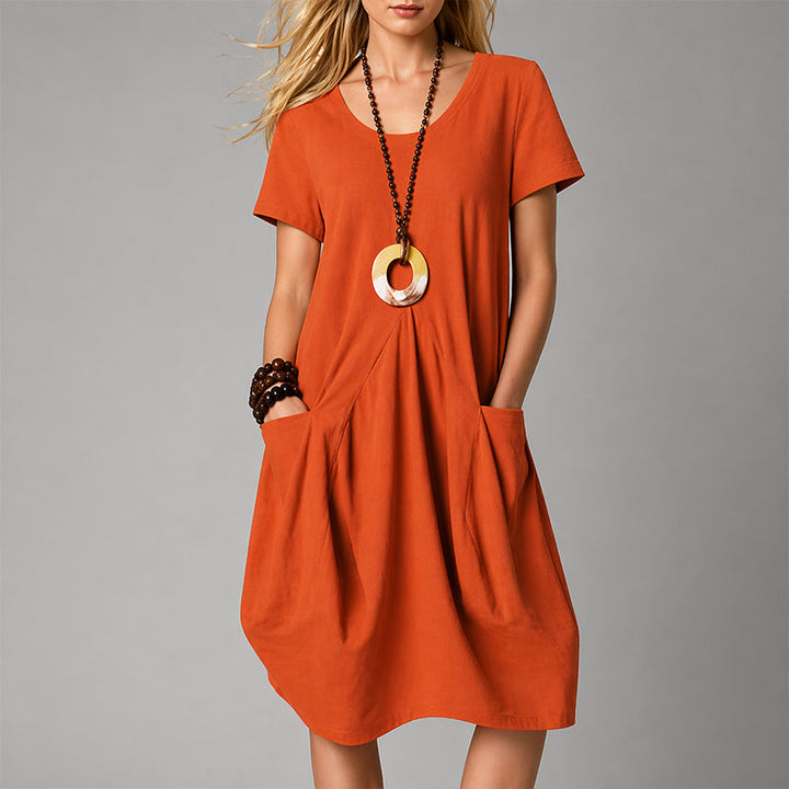 Women's Short Sleeve Front Pleat Midi Dress