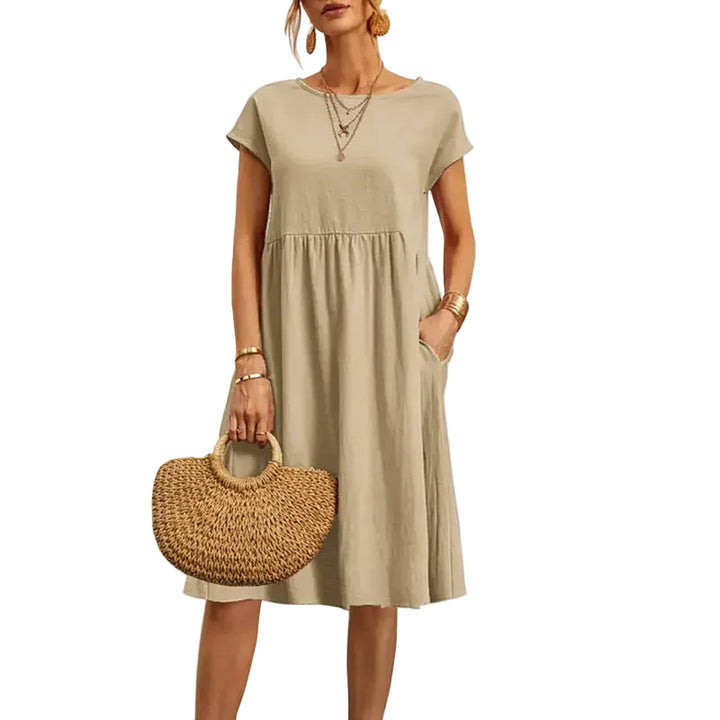 Women's Short Sleeve Gathered Waist Midi Dress