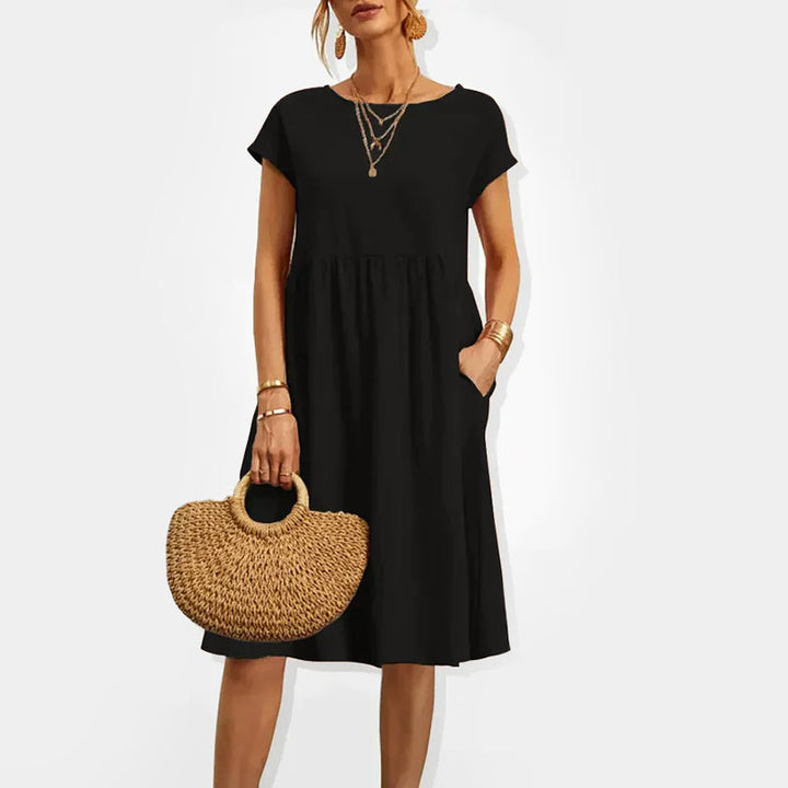 Women's Short Sleeve Gathered Waist Midi Dress
