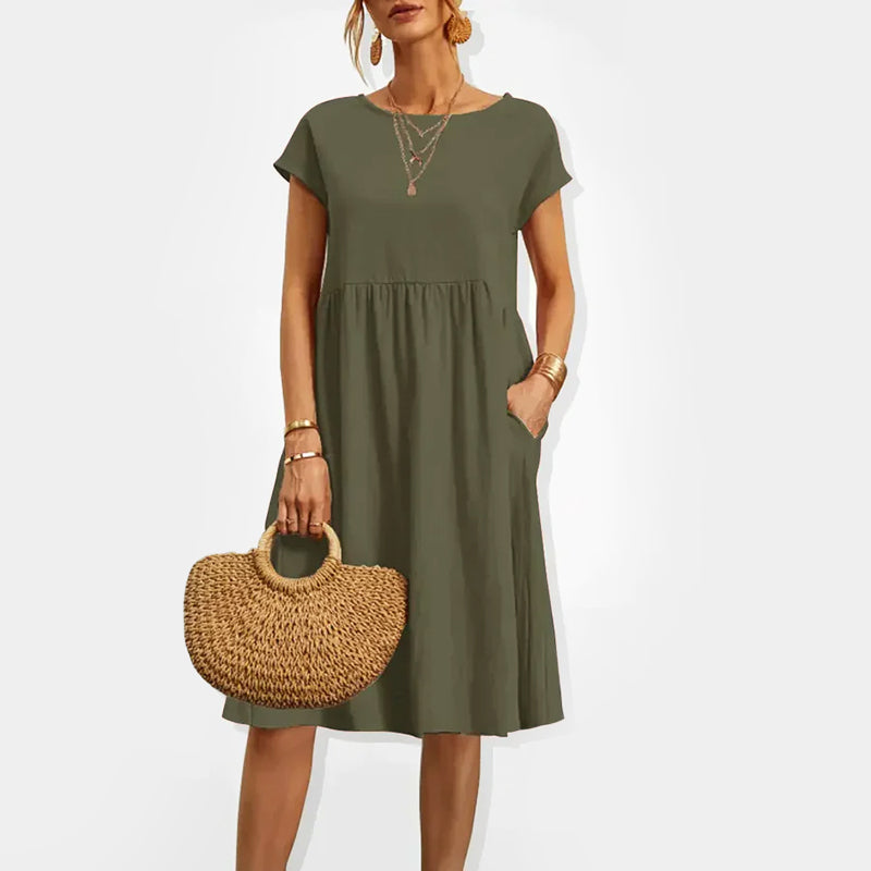 Women's Short Sleeve Gathered Waist Midi Dress