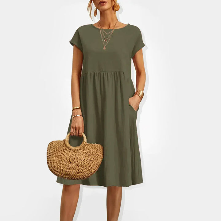 Women's Short Sleeve Gathered Waist Midi Dress
