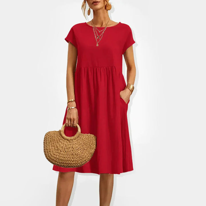 Women's Short Sleeve Gathered Waist Midi Dress