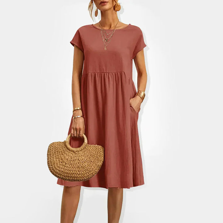 Women's Short Sleeve Gathered Waist Midi Dress