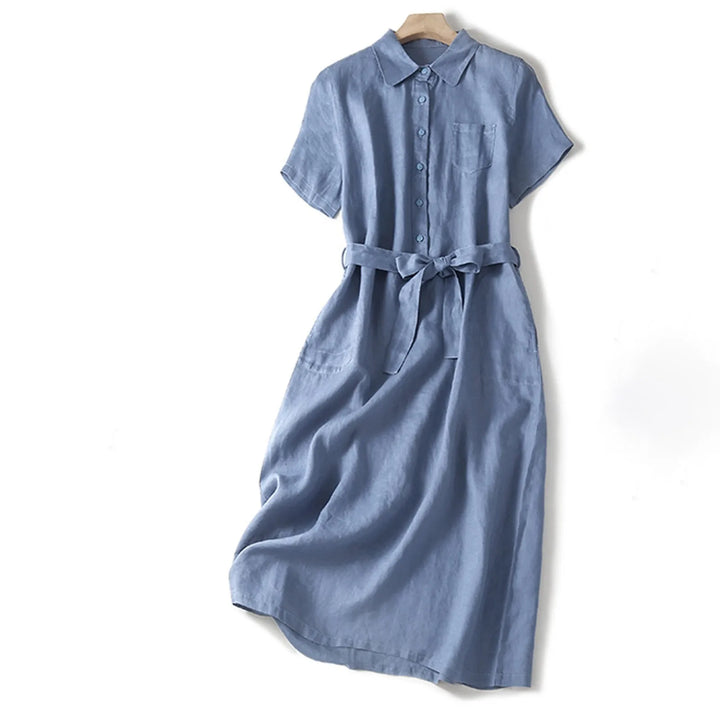 Women’s Short Sleeve Midi Dress with Button Front and Waist Tie