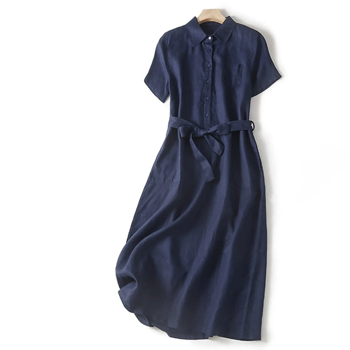 Women’s Short Sleeve Midi Dress with Button Front and Waist Tie