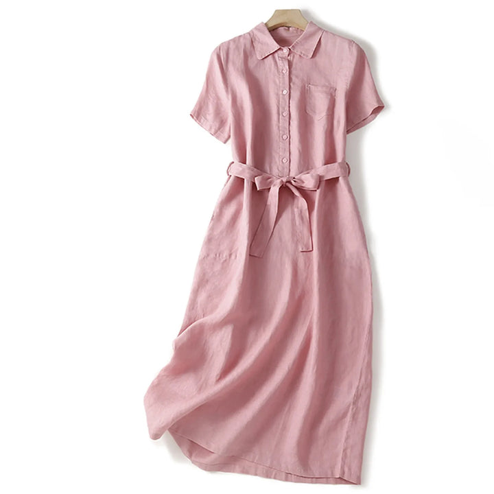 Women’s Short Sleeve Midi Dress with Button Front and Waist Tie