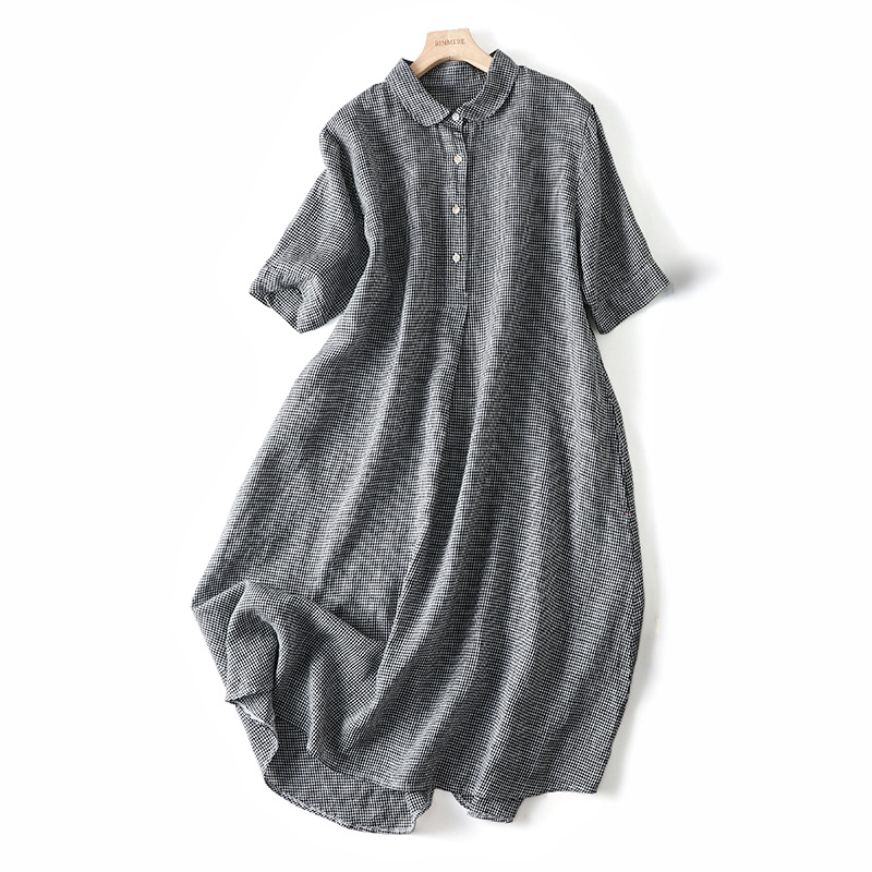 Women’s Short Sleeve Midi Dress with Plaid Pattern and Button Front