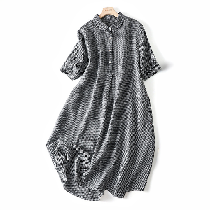 Women’s Short Sleeve Midi Dress with Plaid Pattern and Button Front