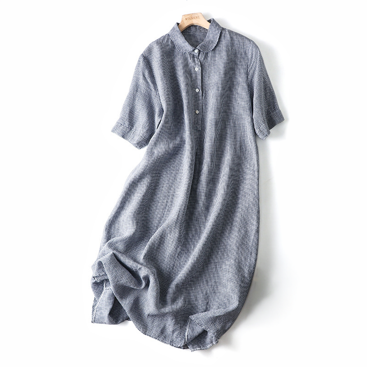 Women’s Short Sleeve Midi Dress with Plaid Pattern and Button Front
