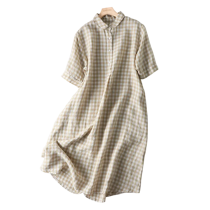 Women’s Short Sleeve Midi Dress with Plaid Pattern and Button Front