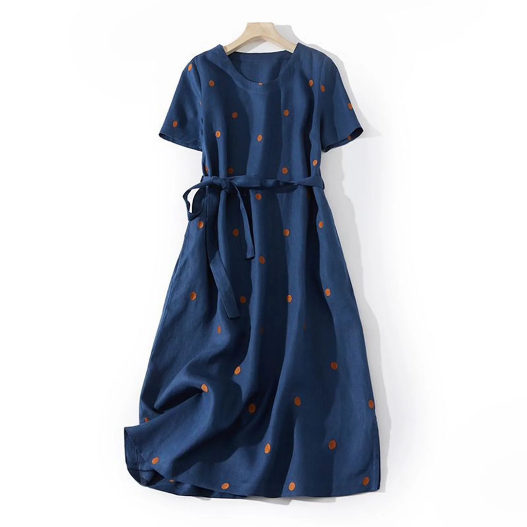 Women’s Short Sleeve Midi Dress with Printed Pattern and Waist Tie
