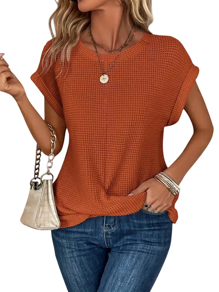 Women’s Short Sleeve Textured Knit Blouse with Crew Neck