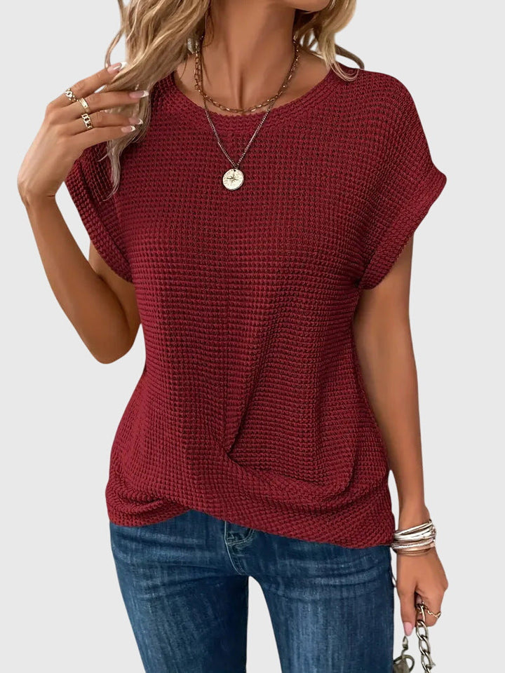 Women’s Short Sleeve Textured Knit Blouse with Crew Neck