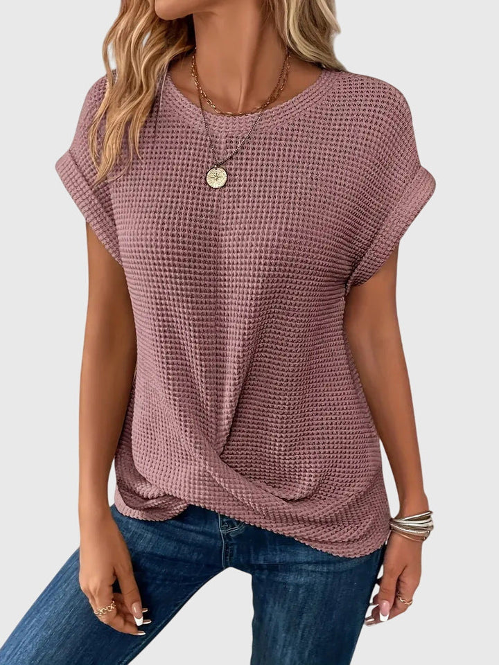 Women’s Short Sleeve Textured Knit Blouse with Crew Neck