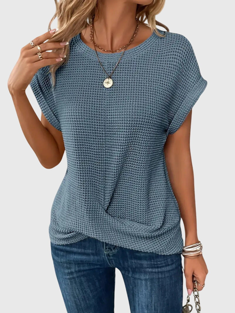 Women’s Short Sleeve Textured Knit Blouse with Crew Neck
