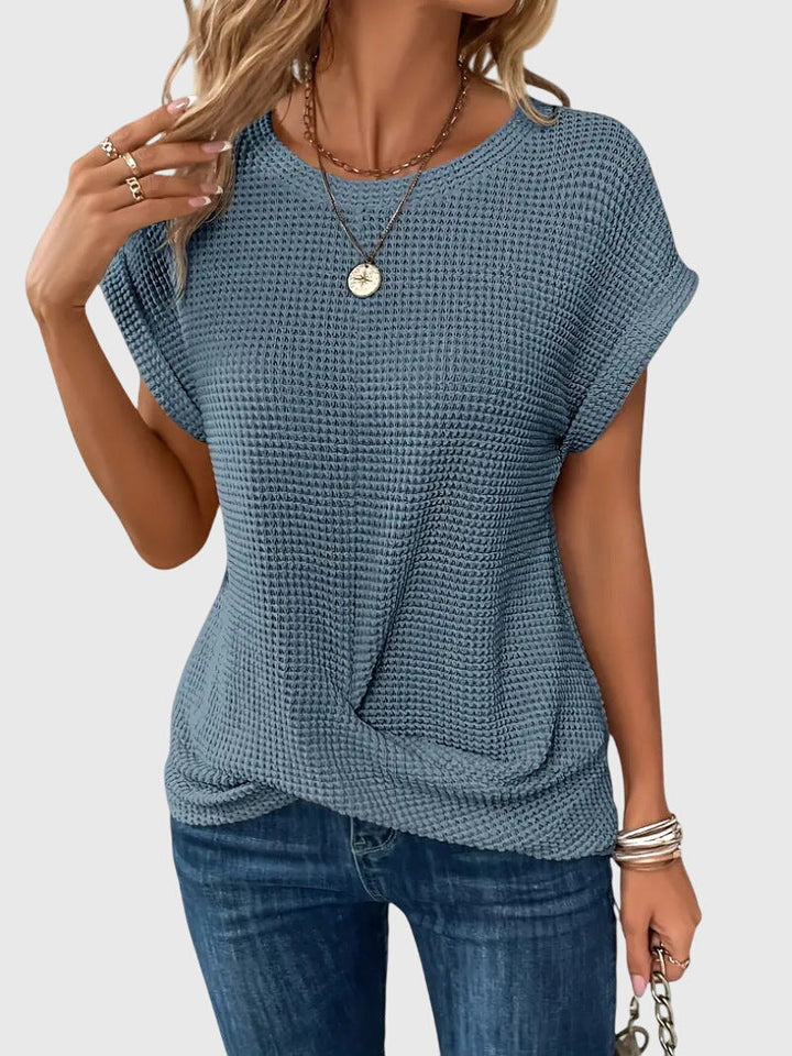 Women’s Short Sleeve Textured Knit Blouse with Crew Neck