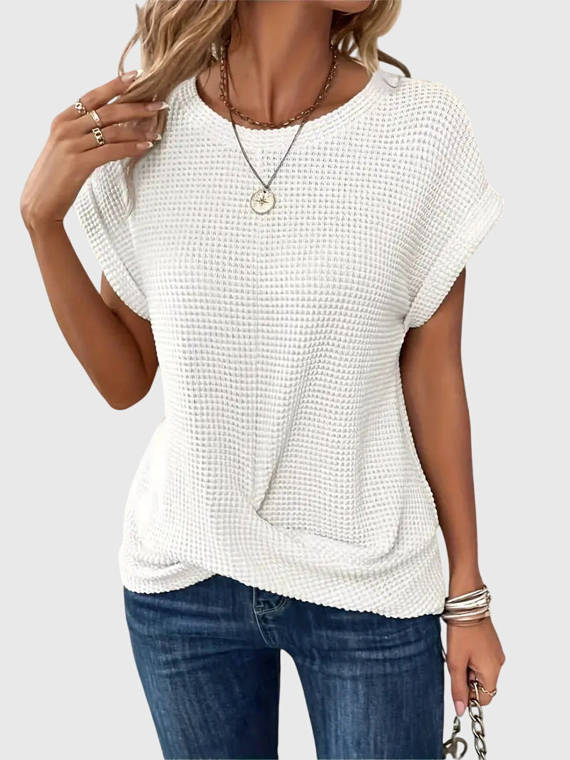 Women’s Short Sleeve Textured Knit Blouse with Crew Neck
