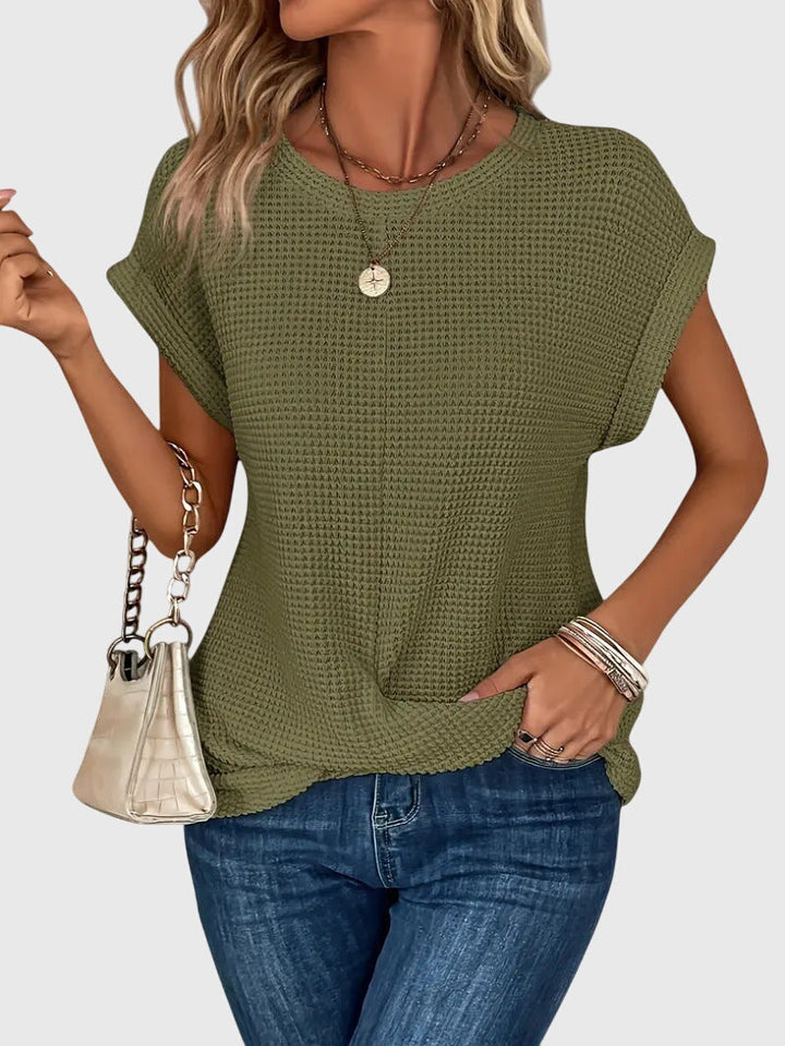 Women’s Short Sleeve Textured Knit Blouse with Crew Neck