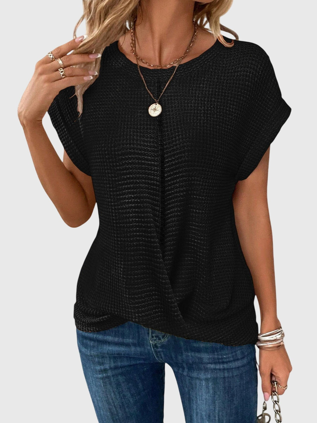 Women’s Short Sleeve Textured Knit Blouse with Crew Neck