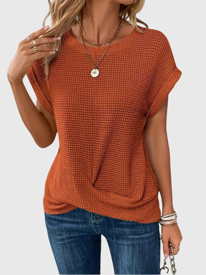 Women’s Short Sleeve Textured Knit Blouse with Crew Neck