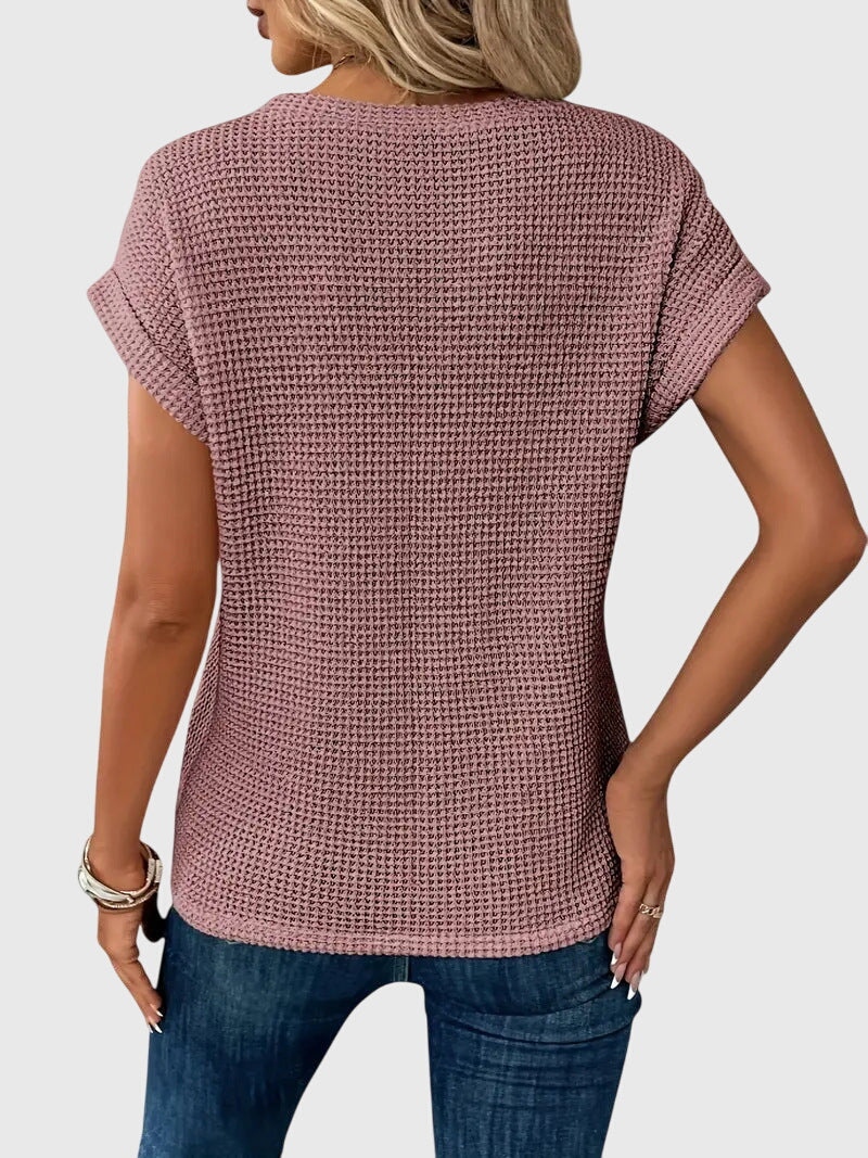 Women’s Short Sleeve Textured Knit Blouse with Crew Neck