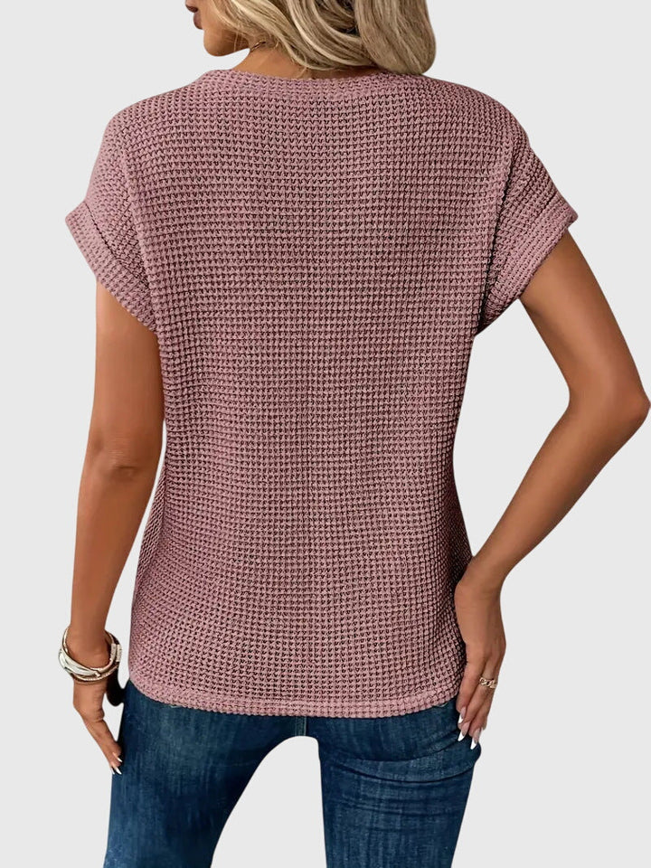 Women’s Short Sleeve Textured Knit Blouse with Crew Neck