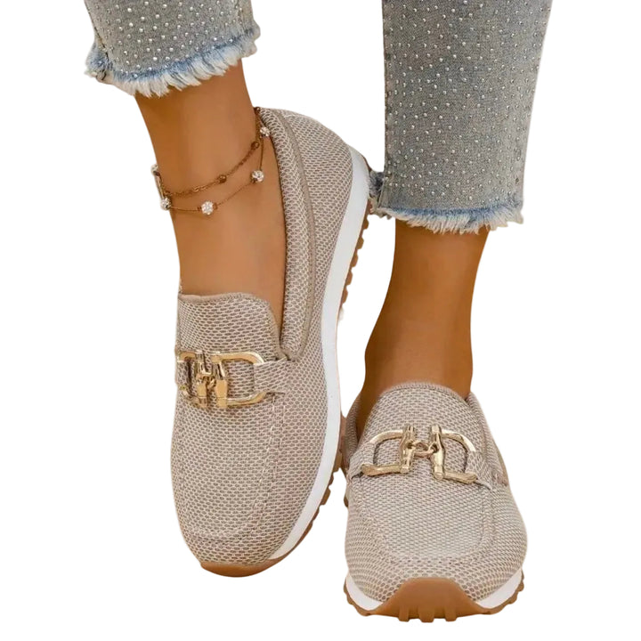 Women's Slip-On Loafers with Gold-Tone Buckle and Textured Upper