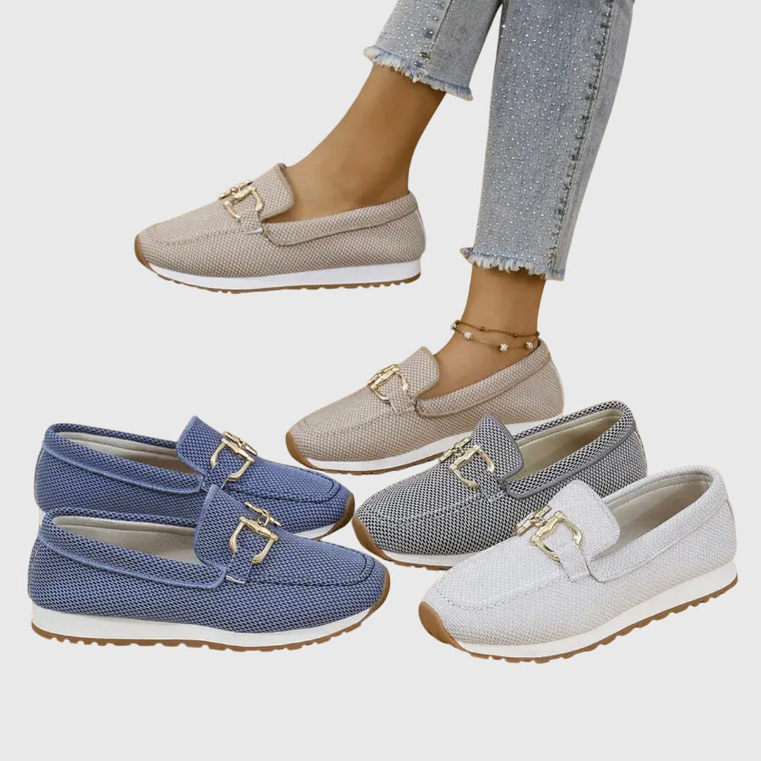 Women's Slip-On Loafers with Gold-Tone Buckle and Textured Upper