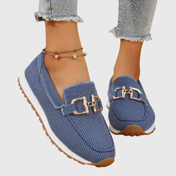 Women's Slip-On Loafers with Gold-Tone Buckle and Textured Upper